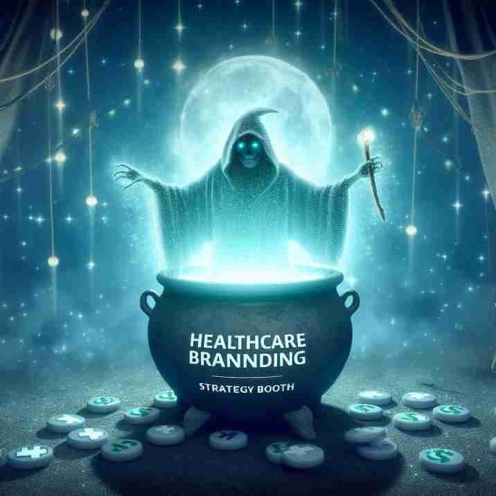 A ghostly figure emerging from a cauldron labeled Healthcare Branding, surrounded by sparkles and Strategybhooth logos.