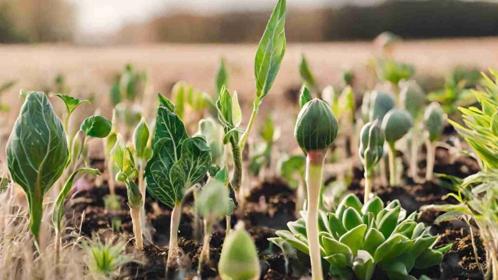 A group of diverse-sized plants in an open field, some towering and some sprouting, illustrating how digital marketing nurtures the growth of businesses, irrespective of their initial size.