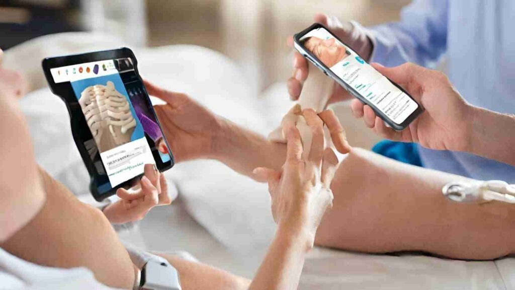 A visualization illustrating patients interacting with orthopedic ads on mobile devices, emphasizing the importance of targeted marketing.