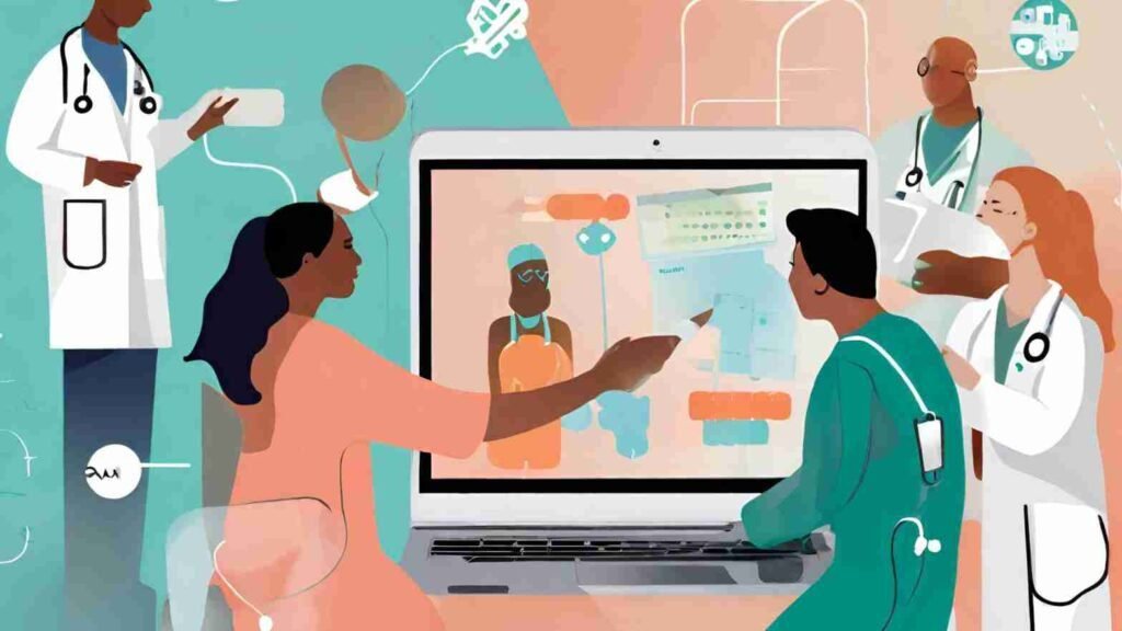 An illustration showcasing collaboration between a hospital team and a specialized marketing agency, signifying the mutual goal of boosting online presence and patient outreach.