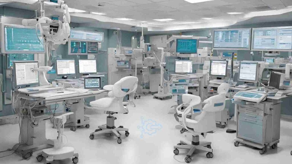 An intricate software interface weaving through hospital operations, streamlining processes.