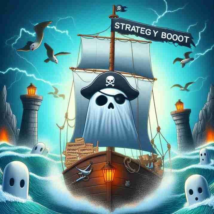 Strategybhooth ghost on a pirate ship, sailing through rough waters labeled "Competition in the Healthcare Industry.