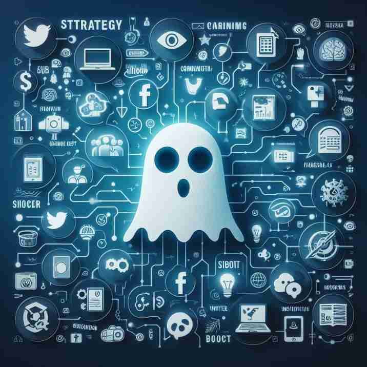 Strategybhooth ghost surrounded by various social media icons like Facebook, Instagram, and Twitter.