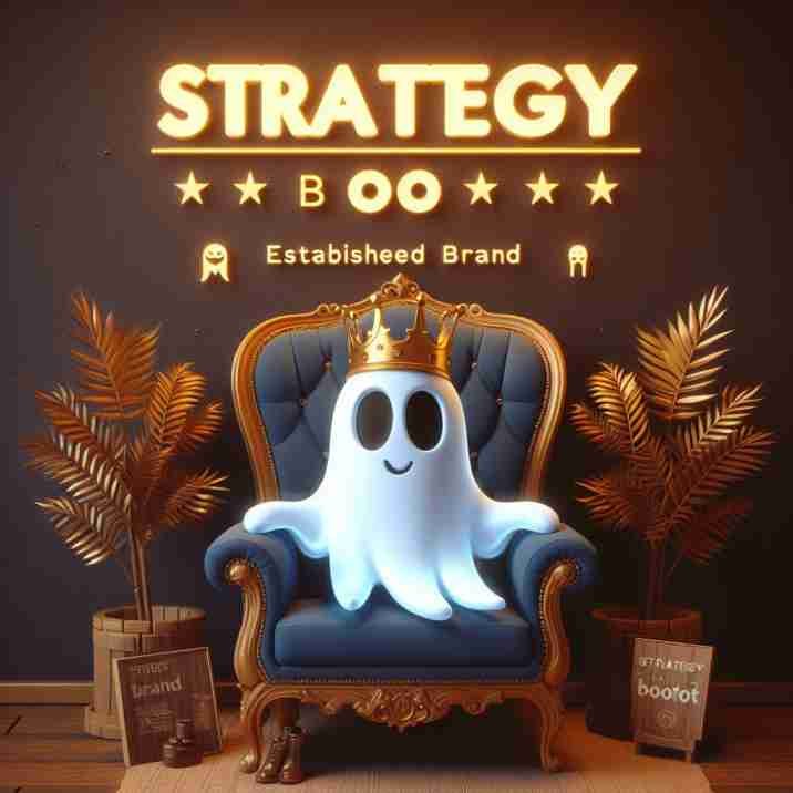 Strategybhooth ghost wearing a crown and sitting on a throne labeled Established Brand, with a royal ambiance.