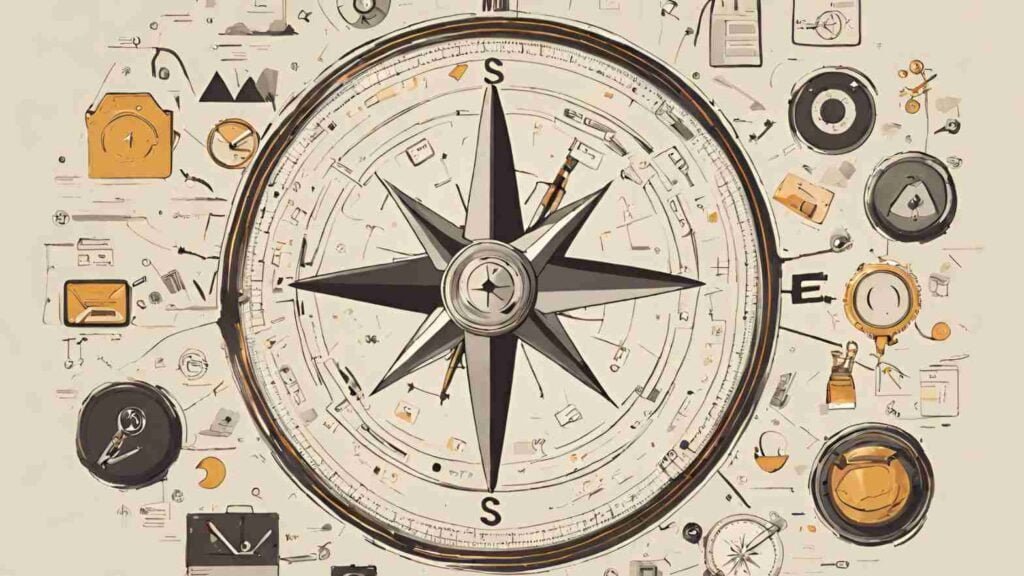 A compass surrounded by various digital tools, symbolizing guidance and direction in utilizing digital campaigns for future success in the ever-evolving digital landscape.