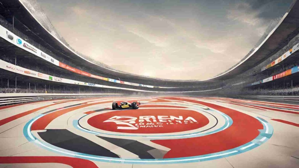 A race track with different brand logos, depicting a competitive digital arena. Some brands are ahead, showcasing how innovative digital strategies propel brands forward in the race.