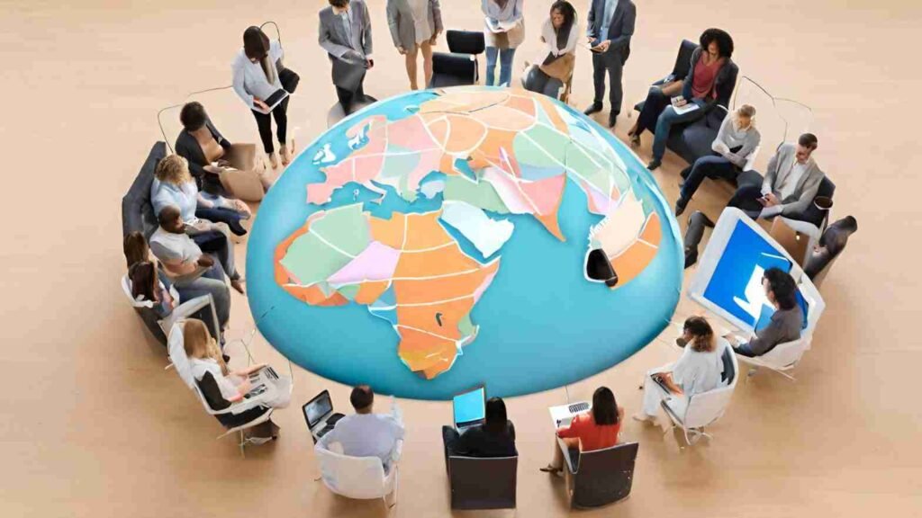 An expansive globe surrounded by digital devices, showcasing global internet users. It depicts the diverse online audience waiting to be reached by businesses through effective digital marketing strategies.