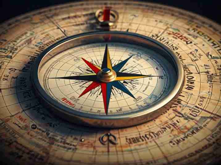 A compass navigating through a digital landscape filled with various online platforms like social media, search engines, and email marketing tools.