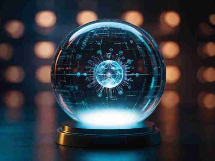 A crystal ball with futuristic digital projections inside, symbolizing the potential of emerging technologies like AI and virtual reality in pharmaceutical digital marketing.