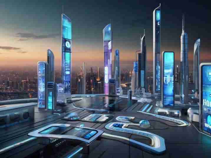 A futuristic digital cityscape with pharmaceutical buildings integrated with digital marketing elements like social media icons and online advertisements.