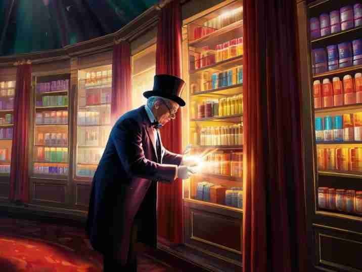 A captivating illustration of a magician pulling back a curtain to reveal a vibrant display of pharmaceutical products and marketing materials. Rays of light illuminate the scene, symbolizing the unveiling of the secrets behind pharmaceutical marketing.]