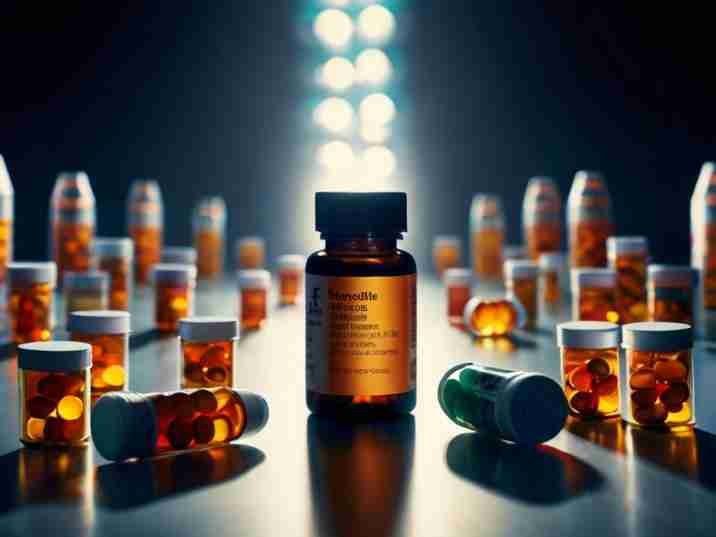 A dynamic image showcasing a spotlight shining brightly on various medication bottles and capsules, with captivating visuals and persuasive messages surrounding them. The scene exudes energy and excitement, highlighting the power of pharmaceutical advertising to bring medications into the limelight.]