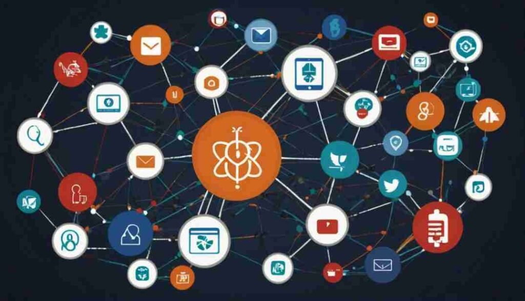 Illustration of ten interconnected nodes representing different digital marketing channels in healthcare, such as email, blogs, social media, and online advertisements.