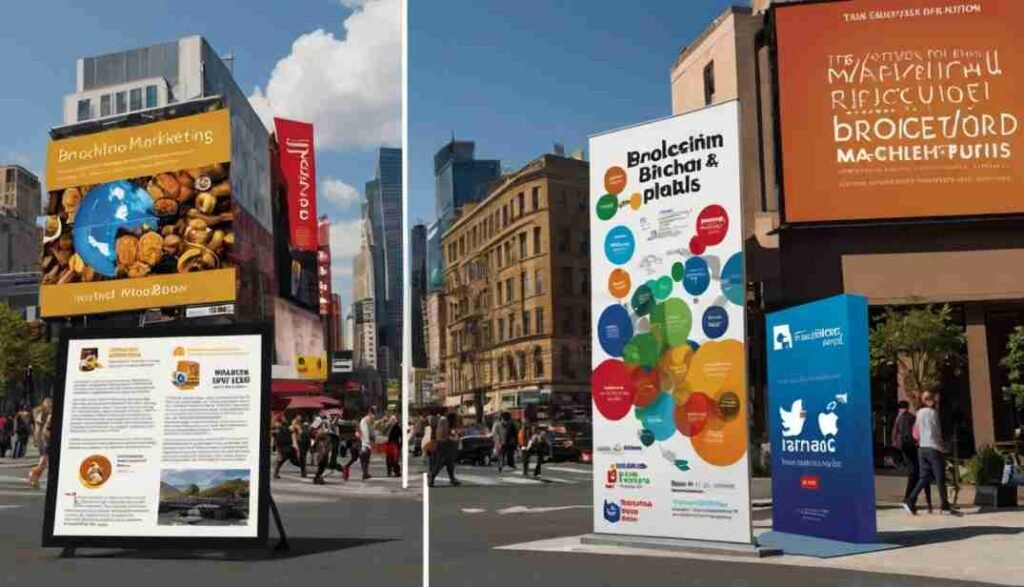 Side-by-side comparison image showing traditional marketing materials like brochures and billboards versus digital marketing platforms like social media and websites.