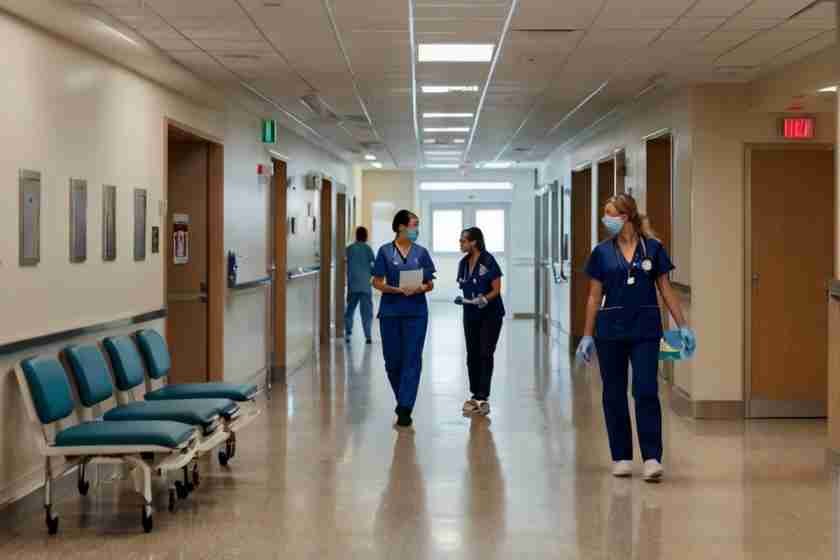 Visualize a bustling hospital hallway, with healthcare professionals engaged in conversations.