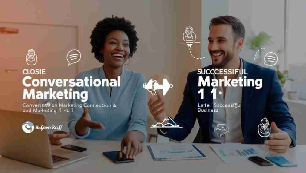 Create a closing image that encapsulates the essence of conversational marketing and marketing 1 to 1. Show a satisfied customer and a successful business, both benefitting from engaging and personalized conversations. Include elements that convey connection and satisfaction.