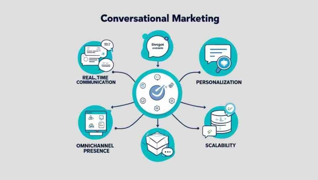 Create a visually appealing infographic that outlines the key components of conversational marketing. Use icons and graphics to represent real-time communication, personalization, omnichannel presence, and scalability. Make it clean and easy to understand.