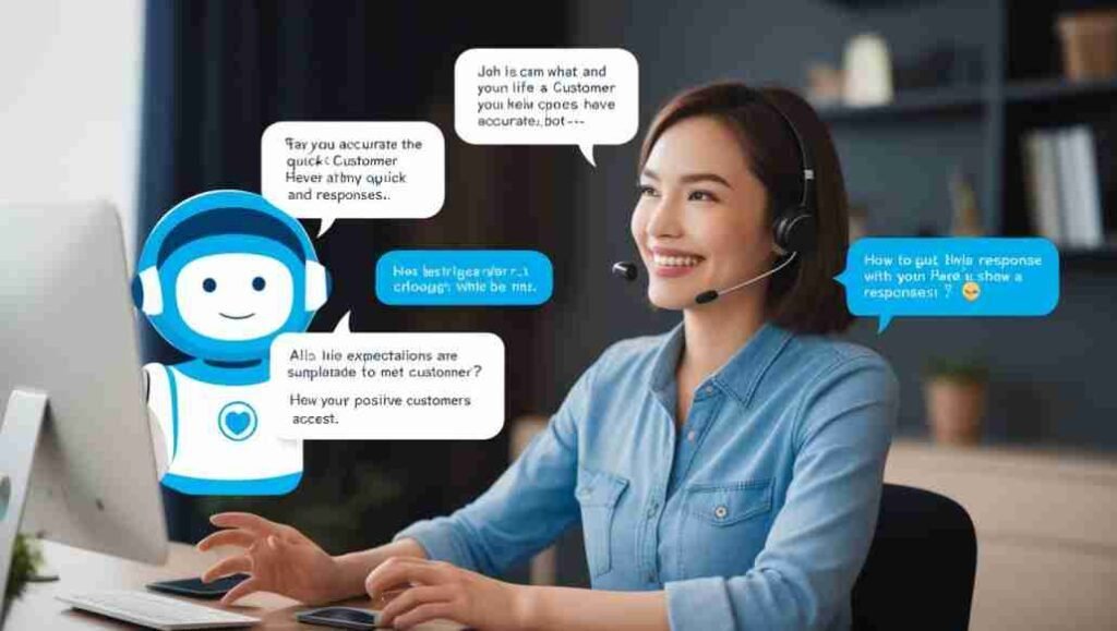 Illustrate a scenario where a customer is receiving quick and accurate responses from a live chat or chatbot. Show a positive interaction where customer expectations are being met, with the customer appearing pleased and satisfied.