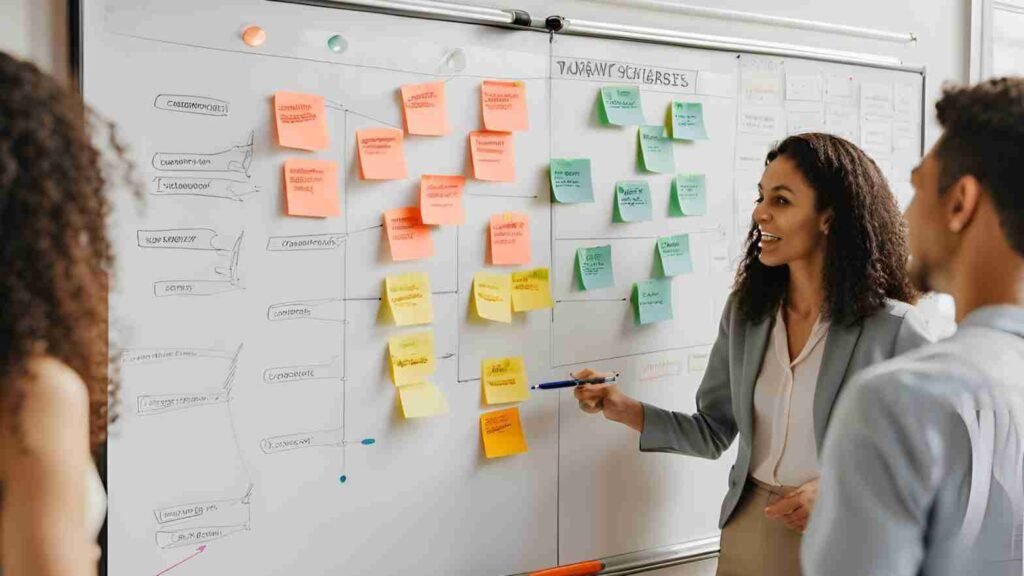 Illustrate a business setting where a team is brainstorming or setting goals. Use elements like a whiteboard with objectives listed, sticky notes, and charts to depict the planning and goal-setting phase of conversational marketing.