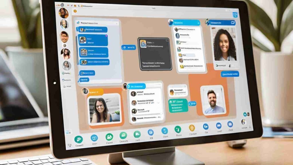 Show a variety of digital tools and platforms on a computer or tablet screen. Include icons or logos of popular chatbots and live chat software like Drift and Intercom, highlighting their integration into a business's communication strategy.