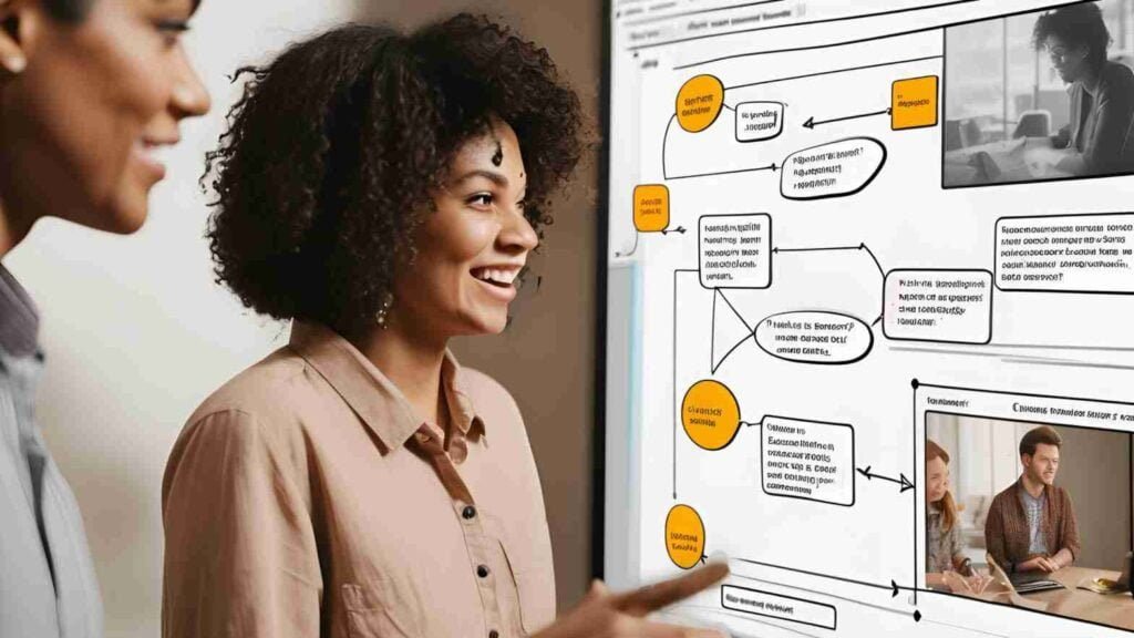 Create an image of a user interface with a flowchart or storyboard showing different conversation paths. Highlight how conversations can be designed to guide customers through various interactions, using arrows and dialogue bubbles.