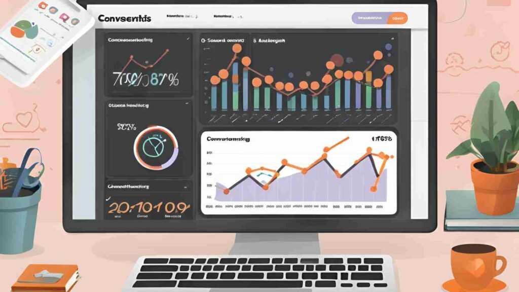 Illustrate a dashboard with metrics and analytics related to conversational marketing. Include elements like graphs, charts, and data points showing response times, satisfaction rates, and conversion rates to emphasize the importance of monitoring and optimizing.