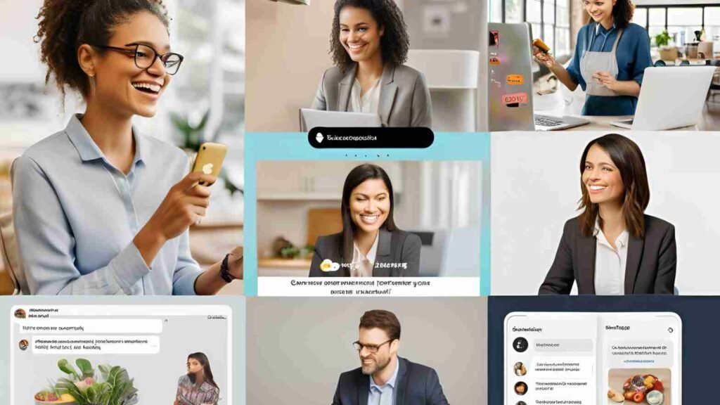 Create a collage of images showing different industries using conversational marketing. Include scenes like an online shopper interacting with a chatbot, a financial advisor providing live chat support, and a business professional scheduling a demo through a chat interface.