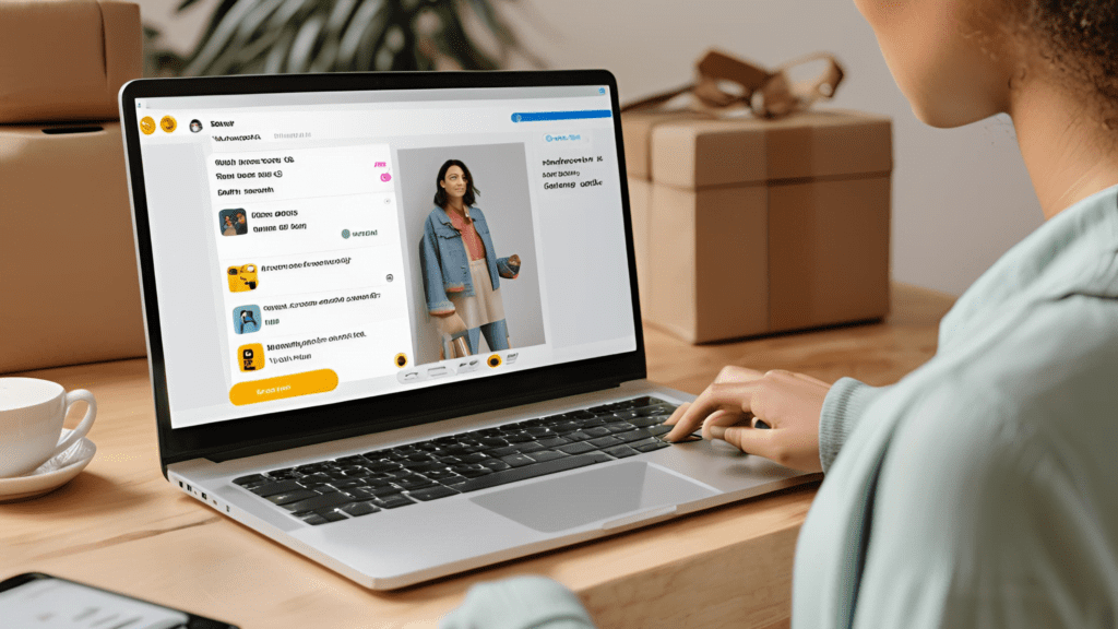 Show an online shopping scenario where a customer is interacting with a chatbot. Include a laptop or smartphone screen displaying a chatbot assisting with product selection, offering suggestions, or helping with checkout.