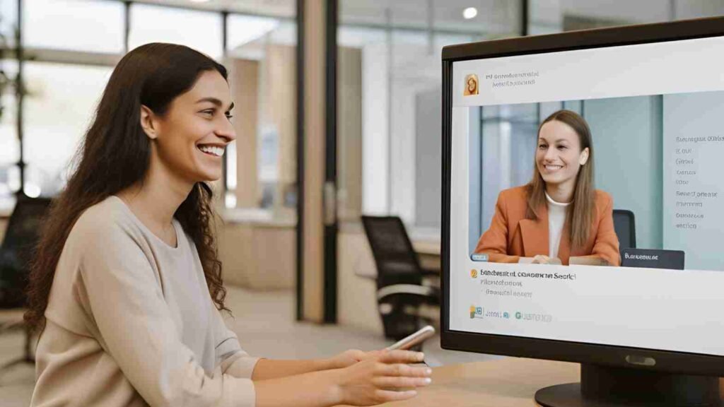 Depict a financial service environment with a customer chatting live with a bank representative. Show the chat window on a screen providing information or guidance about financial products, with both the customer and representative appearing engaged.