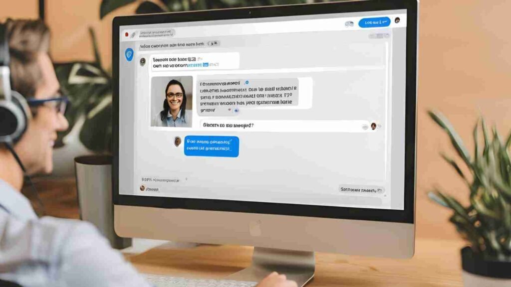 Illustrate a B2B setting where a chatbot or live chat is used for lead generation. Show a professional environment where a chatbot on a screen is qualifying leads or scheduling product demos, with business professionals interacting with the interface.