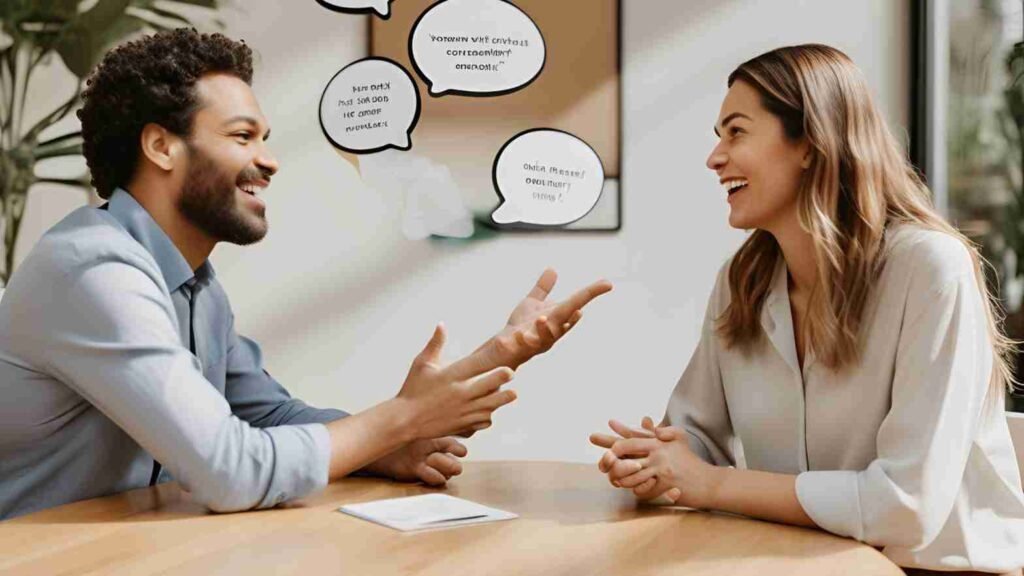 Depict a natural, flowing conversation between two individuals or between a customer and a business representative. Use speech bubbles and a relaxed setting to emphasize the interactive and dialogical aspect of conversations.