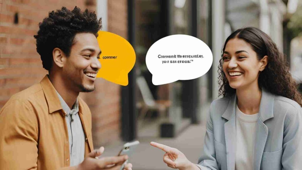 Create an image that visually defines a conversation as a two-way exchange. Include elements like a dialogue between a business and a customer, with clear indications of sharing ideas or information through speech bubbles or messaging apps.