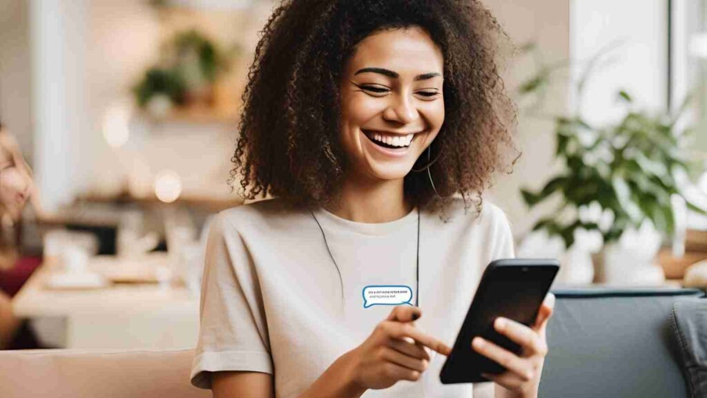 Show a happy customer interacting with a chatbot or live chat on their device, receiving instant, personalized responses. The customer should appear satisfied and engaged, illustrating the improved experience conversational marketing provides.