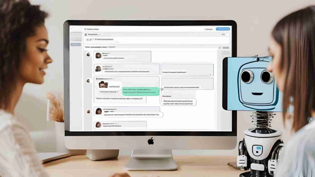 Create an image of a chatbot or automated system handling multiple customer interactions simultaneously. Show a seamless and efficient process where customers receive consistent support without overwhelming the business's resources.