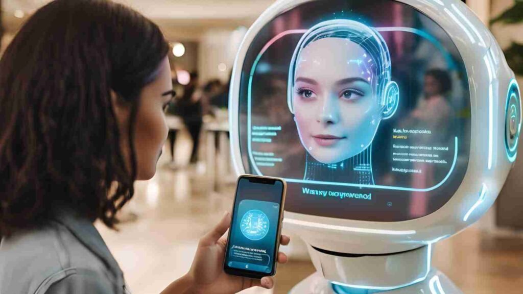 Show AI-powered chatbots or digital assistants engaging with customers in a seamless, intelligent conversation. Include futuristic elements like holograms or advanced interfaces that demonstrate the potential of AI and machine learning in conversational marketing.