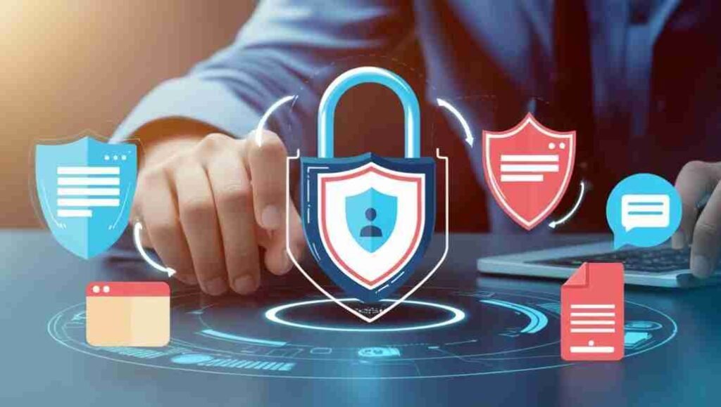 Depict a secure digital environment with padlocks or shields protecting customer data during conversations. Include elements like secure chat windows or encrypted messages to emphasize the importance of data privacy.