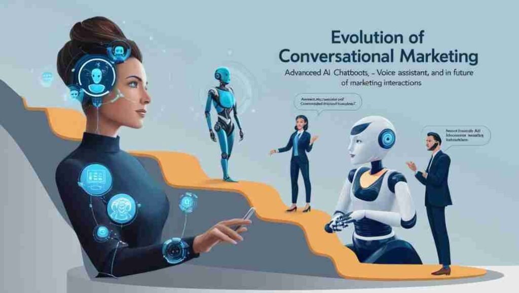 Create a futuristic image showing the evolution of conversational marketing. Include advanced AI chatbots, voice assistants, and personalized interactions, highlighting how these technologies will shape the future of marketing 1 to 1.