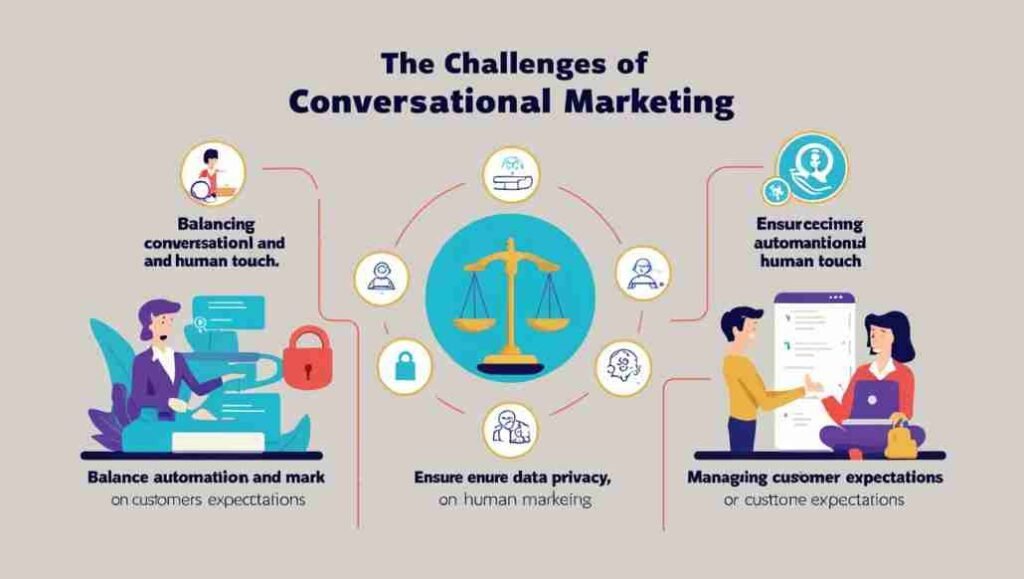 Design a graphic that represents the challenges of conversational marketing. Include visuals for balancing automation and human touch, ensuring data privacy, and managing customer expectations, with symbols like scales, locks, and customer feedback.