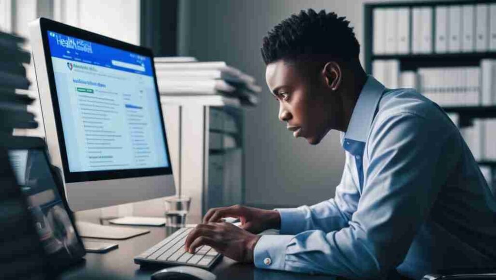 A person sitting at a desk, typing on a computer, with a screen showing a search engine and healthcare-related search results.