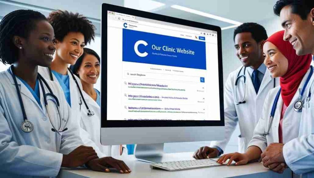 A diverse group of healthcare professionals looking at a computer screen with a search engine page displaying their clinic at the top of the results.