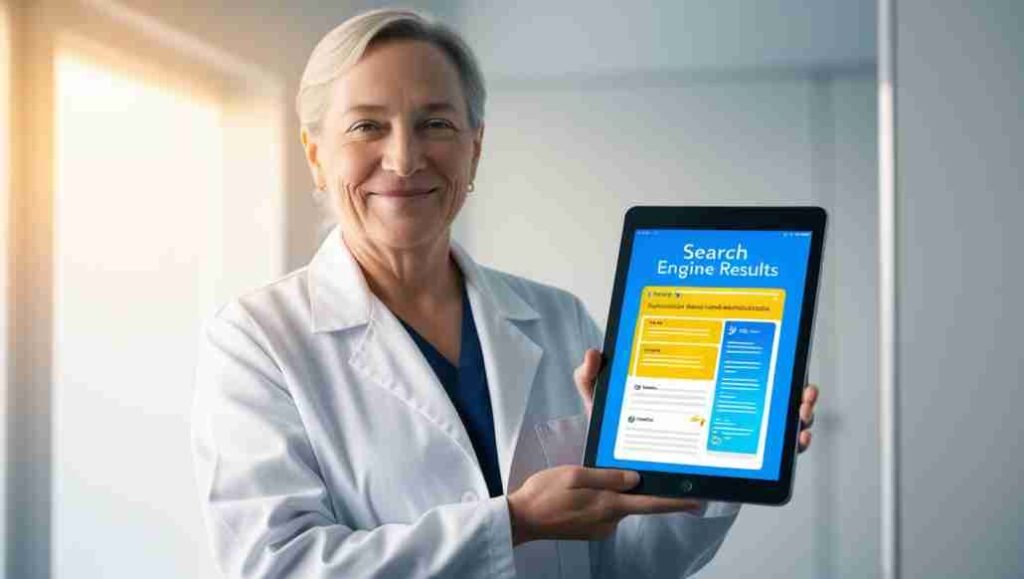 A healthcare professional in a lab coat, holding a tablet, with a search engine results page (SERP) on the screen, highlighted in bright colors.