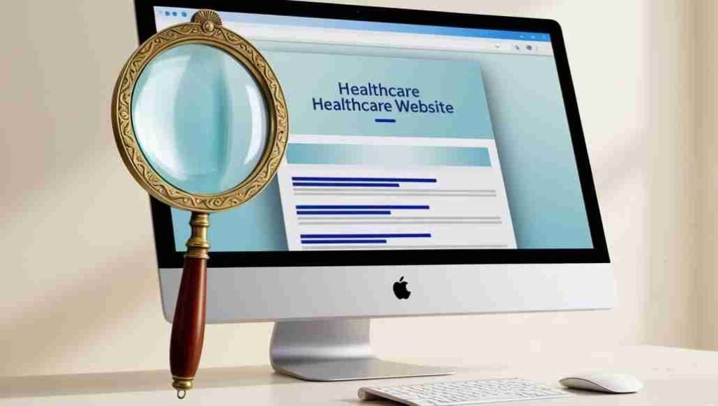 A magnifying glass over a search engine results page with a highlighted healthcare website at the top.