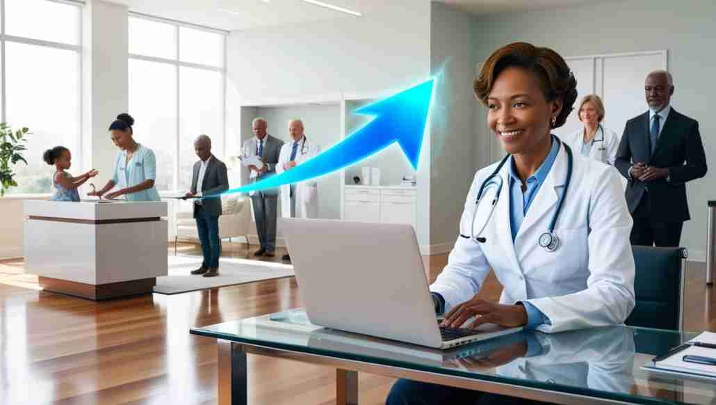 A vibrant, modern doctor's office with patients checking in, and a doctor using a laptop, with a glowing upward arrow overlay symbolizing growth and digital presence.