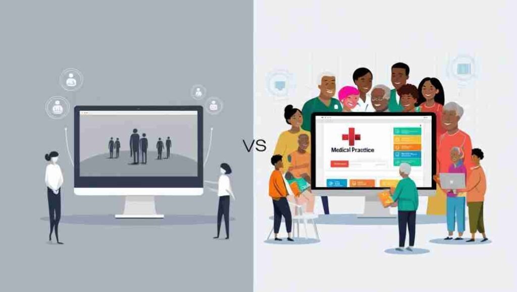 A before-and-after comparison of a medical practice’s online presence, showing improved website traffic and search engine rankings.