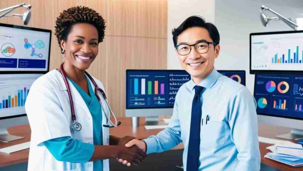 A handshake between a healthcare provider and an SEO expert, with an office background showing charts and data on screens.