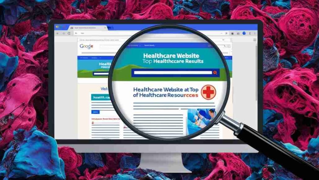 A magnifying glass over a computer screen displaying a healthcare website in the top search results.