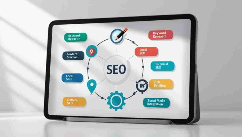 A flowchart on a tablet screen, illustrating various SEO strategies like keyword research, content creation, local SEO, technical SEO, link building, and social media integration.