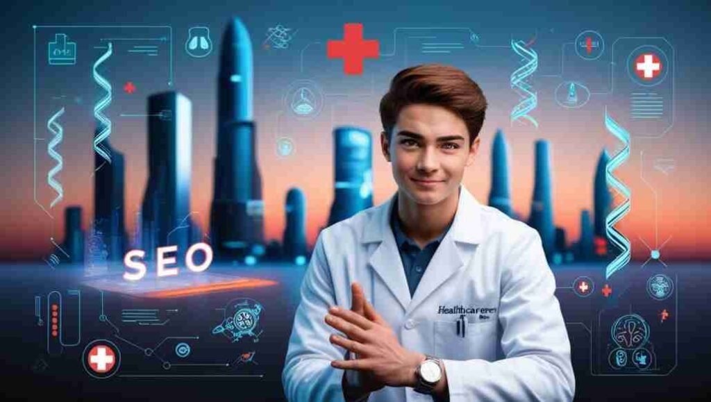 A forward-thinking healthcare professional strategizing future SEO efforts, with a backdrop of evolving digital landscapes and healthcare icons.