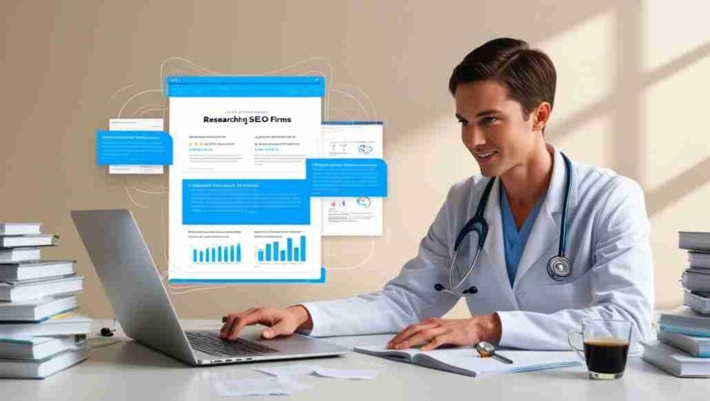 A healthcare professional researching and comparing different SEO firms on a laptop, with highlighted positive reviews and success stories.