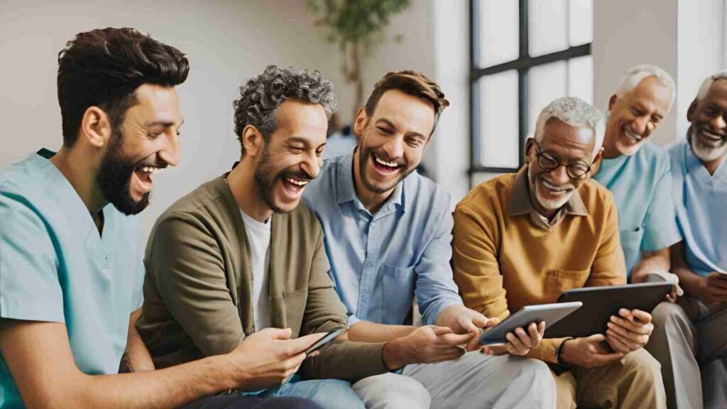 A happy and diverse group of patients in a waiting room, with a healthcare website open on a tablet showing high search rankings.